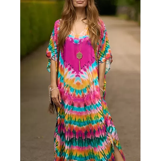 Split-side Tie-dyed Batwing Sleeves Loose V-neck Maxi Dresses Beach Cover-Up Split-side Tie-dyed Batwing Sleeves Loose V-neck Maxi Dresses Beach Cover-Up