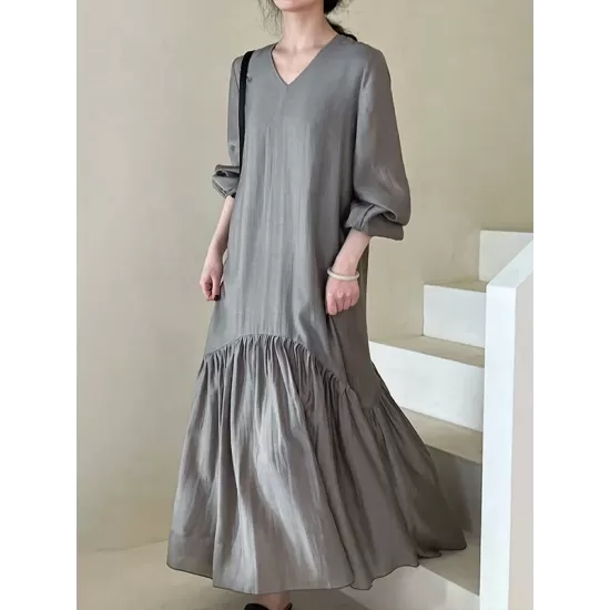 Elasticity Pleated Solid Color Split-Joint Zipper High Waisted Long Sleeves V-Neck Midi Dresses Elasticity Pleated Solid Color Split-Joint Zipper High Waisted Long Sleeves V-Neck Midi Dresses