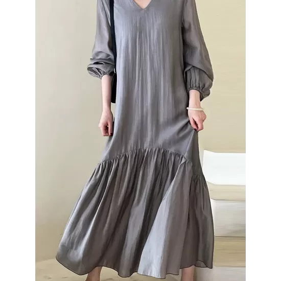 Elasticity Pleated Solid Color Split-Joint Zipper High Waisted Long Sleeves V-Neck Midi Dresses Elasticity Pleated Solid Color Split-Joint Zipper High Waisted Long Sleeves V-Neck Midi Dresses
