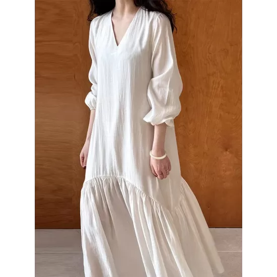 Elasticity Pleated Solid Color Split-Joint Zipper High Waisted Long Sleeves V-Neck Midi Dresses Elasticity Pleated Solid Color Split-Joint Zipper High Waisted Long Sleeves V-Neck Midi Dresses
