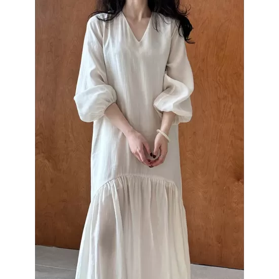 Elasticity Pleated Solid Color Split-Joint Zipper High Waisted Long Sleeves V-Neck Midi Dresses Elasticity Pleated Solid Color Split-Joint Zipper High Waisted Long Sleeves V-Neck Midi Dresses