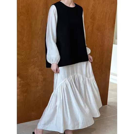 Elasticity Pleated Solid Color Split-Joint Zipper High Waisted Long Sleeves V-Neck Midi Dresses Elasticity Pleated Solid Color Split-Joint Zipper High Waisted Long Sleeves V-Neck Midi Dresses