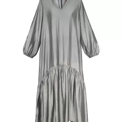 Elasticity Pleated Solid Color Split-Joint Zipper High Waisted Long Sleeves V-Neck Midi Dresses