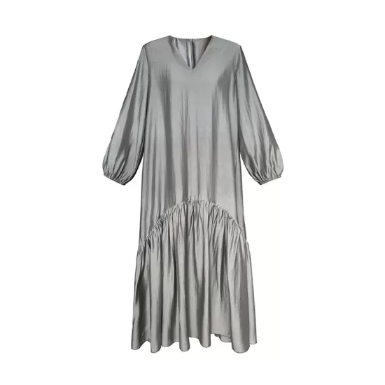 Elasticity Pleated Solid Color Split-Joint Zipper High Waisted Long Sleeves V-Neck Midi Dresses Elasticity Pleated Solid Color Split-Joint Zipper High Waisted Long Sleeves V-Neck Midi Dresses