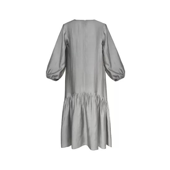Elasticity Pleated Solid Color Split-Joint Zipper High Waisted Long Sleeves V-Neck Midi Dresses Elasticity Pleated Solid Color Split-Joint Zipper High Waisted Long Sleeves V-Neck Midi Dresses