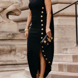 Loose Sleeveless Solid Color Split-Side Shawl Collar Long Skirts Maxi Dresses
