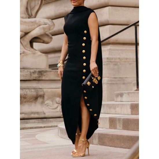 Loose Sleeveless Solid Color Split-Side Shawl Collar Long Skirts Maxi Dresses Loose Sleeveless Solid Color Split-Side Shawl Collar Long Skirts Maxi Dresses