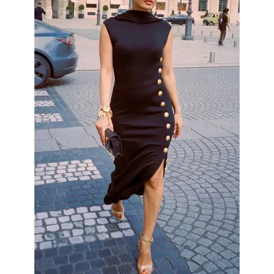 Loose Sleeveless Solid Color Split-Side Shawl Collar Long Skirts Maxi Dresses Loose Sleeveless Solid Color Split-Side Shawl Collar Long Skirts Maxi Dresses