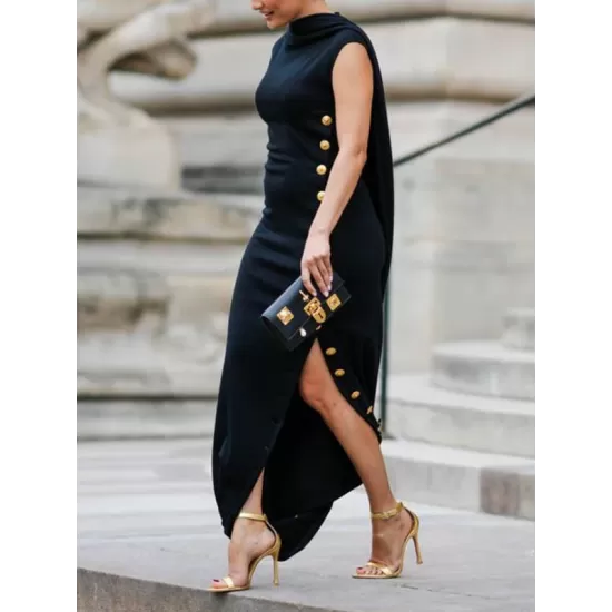 Loose Sleeveless Solid Color Split-Side Shawl Collar Long Skirts Maxi Dresses Loose Sleeveless Solid Color Split-Side Shawl Collar Long Skirts Maxi Dresses