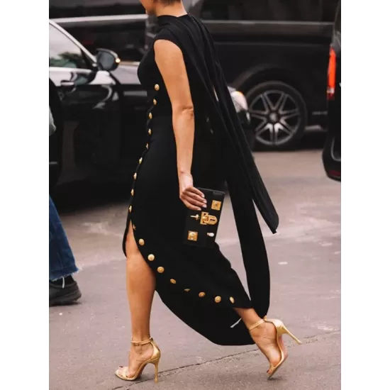 Loose Sleeveless Solid Color Split-Side Shawl Collar Long Skirts Maxi Dresses Loose Sleeveless Solid Color Split-Side Shawl Collar Long Skirts Maxi Dresses