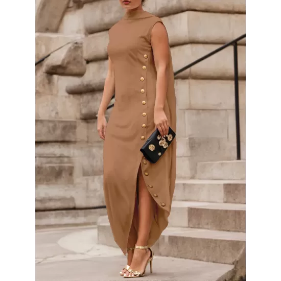 Loose Sleeveless Solid Color Split-Side Shawl Collar Long Skirts Maxi Dresses Loose Sleeveless Solid Color Split-Side Shawl Collar Long Skirts Maxi Dresses