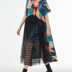 Buttoned Hollow Mesh Printed Split-Joint A-Line Loose Lapel Midi Dresses