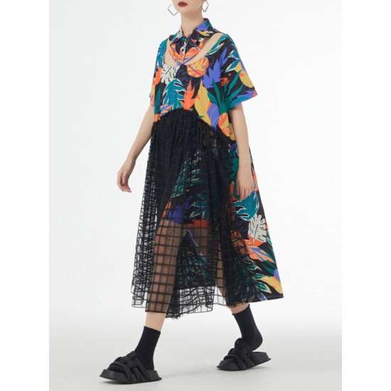 Buttoned Hollow Mesh Printed Split-Joint A-Line Loose Lapel Midi Dresses Buttoned Hollow Mesh Printed Split-Joint A-Line Loose Lapel Midi Dresses