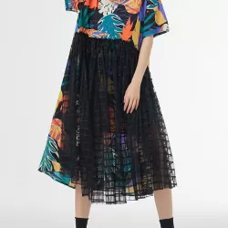 Buttoned Hollow Mesh Printed Split-Joint A-Line Loose Lapel Midi Dresses