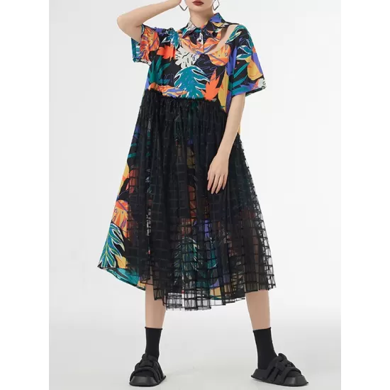 Buttoned Hollow Mesh Printed Split-Joint A-Line Loose Lapel Midi Dresses Buttoned Hollow Mesh Printed Split-Joint A-Line Loose Lapel Midi Dresses
