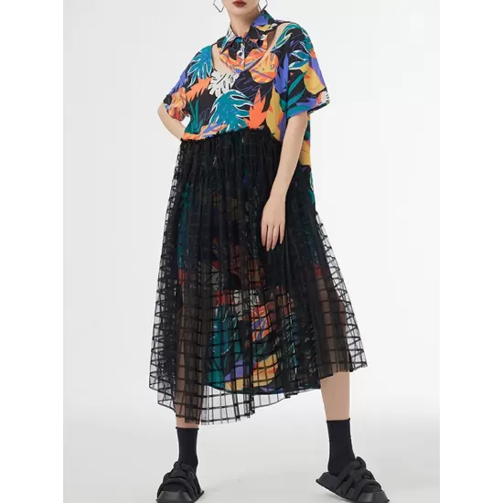 Buttoned Hollow Mesh Printed Split-Joint A-Line Loose Lapel Midi Dresses Buttoned Hollow Mesh Printed Split-Joint A-Line Loose Lapel Midi Dresses