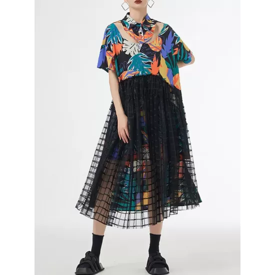 Buttoned Hollow Mesh Printed Split-Joint A-Line Loose Lapel Midi Dresses Buttoned Hollow Mesh Printed Split-Joint A-Line Loose Lapel Midi Dresses
