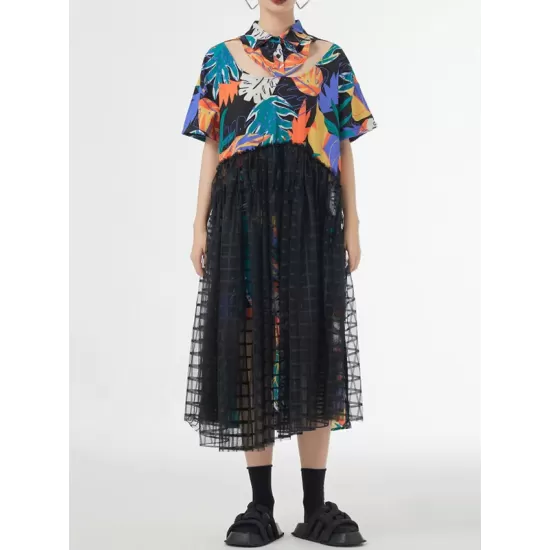 Buttoned Hollow Mesh Printed Split-Joint A-Line Loose Lapel Midi Dresses Buttoned Hollow Mesh Printed Split-Joint A-Line Loose Lapel Midi Dresses