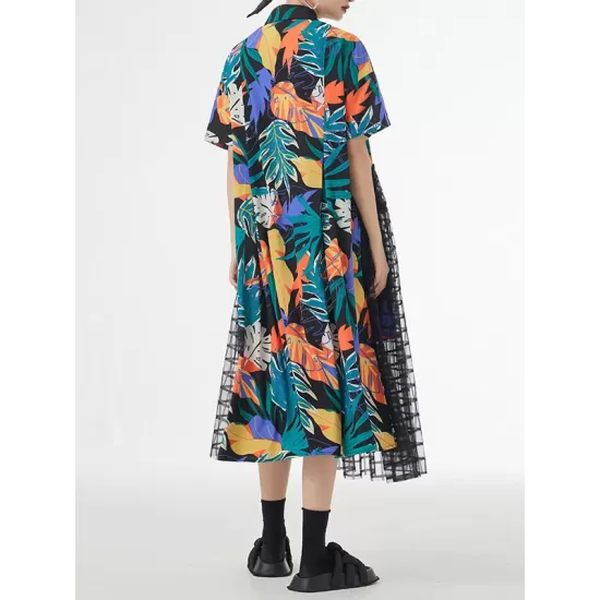 Buttoned Hollow Mesh Printed Split-Joint A-Line Loose Lapel Midi Dresses Buttoned Hollow Mesh Printed Split-Joint A-Line Loose Lapel Midi Dresses