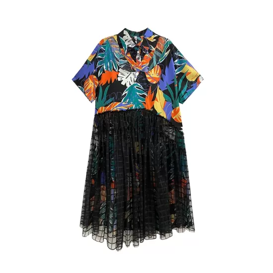 Buttoned Hollow Mesh Printed Split-Joint A-Line Loose Lapel Midi Dresses Buttoned Hollow Mesh Printed Split-Joint A-Line Loose Lapel Midi Dresses