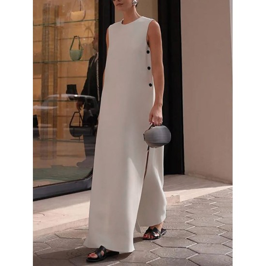 Loose Sleeveless Solid Color Split-Side Round-Neck Maxi Dresses Loose Sleeveless Solid Color Split-Side Round-Neck Maxi Dresses
