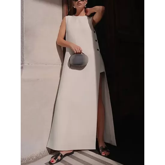 Loose Sleeveless Solid Color Split-Side Round-Neck Maxi Dresses Loose Sleeveless Solid Color Split-Side Round-Neck Maxi Dresses