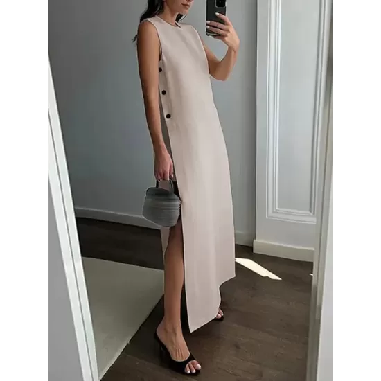 Loose Sleeveless Solid Color Split-Side Round-Neck Maxi Dresses Loose Sleeveless Solid Color Split-Side Round-Neck Maxi Dresses