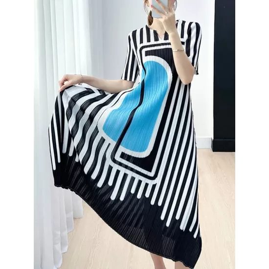 Pleated Printed A-line Loose V-neck Midi Dresses Pleated Printed A-line Loose V-neck Midi Dresses