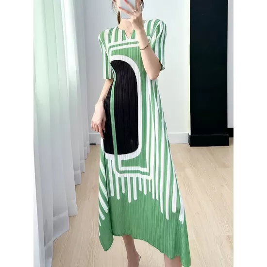 Pleated Printed A-line Loose V-neck Midi Dresses Pleated Printed A-line Loose V-neck Midi Dresses