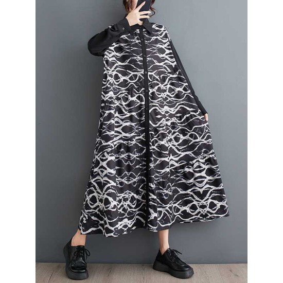 Buttoned Contrast Color Printed A-Line Long Sleeves Lapel Shirt Dress Midi Dresses Buttoned Contrast Color Printed A-Line Long Sleeves Lapel Shirt Dress Midi Dresses