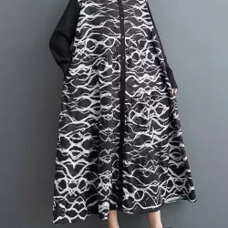 Buttoned Contrast Color Printed A-Line Long Sleeves Lapel Shirt Dress Midi Dresses
