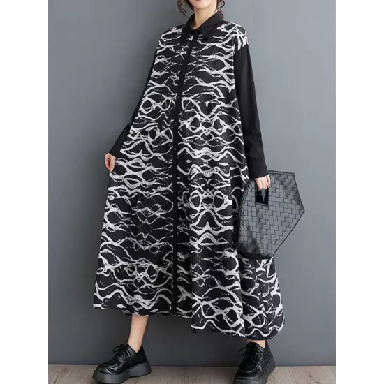 Buttoned Contrast Color Printed A-Line Long Sleeves Lapel Shirt Dress Midi Dresses Buttoned Contrast Color Printed A-Line Long Sleeves Lapel Shirt Dress Midi Dresses