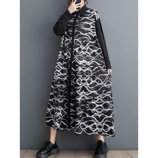 Buttoned Contrast Color Printed A-Line Long Sleeves Lapel Shirt Dress Midi Dresses Buttoned Contrast Color Printed A-Line Long Sleeves Lapel Shirt Dress Midi Dresses