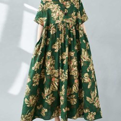 Flower Print Pleated Pockets Half Sleeves Loose Round-neck Midi Dresses