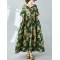Flower Print Pleated Pockets Half Sleeves Loose Round-neck Midi Dresses