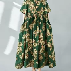 Flower Print Pleated Pockets Half Sleeves Loose Round-neck Midi Dresses