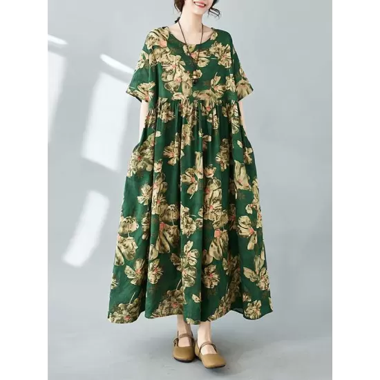 Flower Print Pleated Pockets Half Sleeves Loose Round-neck Midi Dresses Flower Print Pleated Pockets Half Sleeves Loose Round-neck Midi Dresses