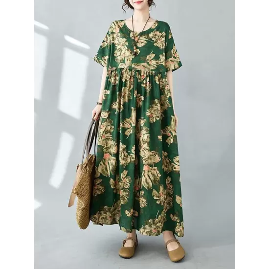 Flower Print Pleated Pockets Half Sleeves Loose Round-neck Midi Dresses Flower Print Pleated Pockets Half Sleeves Loose Round-neck Midi Dresses