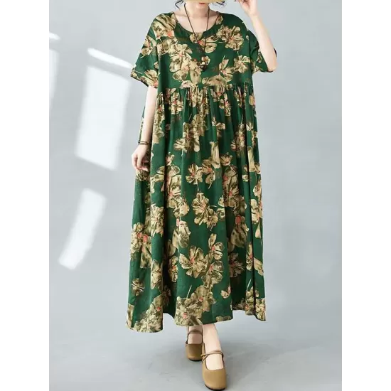 Flower Print Pleated Pockets Half Sleeves Loose Round-neck Midi Dresses Flower Print Pleated Pockets Half Sleeves Loose Round-neck Midi Dresses