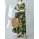 Flower Print Pleated Pockets Half Sleeves Loose Round-neck Midi Dresses Flower Print Pleated Pockets Half Sleeves Loose Round-neck Midi Dresses