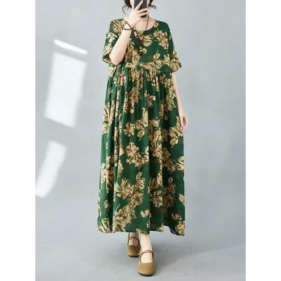 Flower Print Pleated Pockets Half Sleeves Loose Round-neck Midi Dresses Flower Print Pleated Pockets Half Sleeves Loose Round-neck Midi Dresses