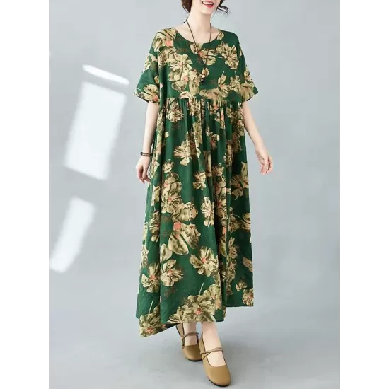 Flower Print Pleated Pockets Half Sleeves Loose Round-neck Midi Dresses Flower Print Pleated Pockets Half Sleeves Loose Round-neck Midi Dresses