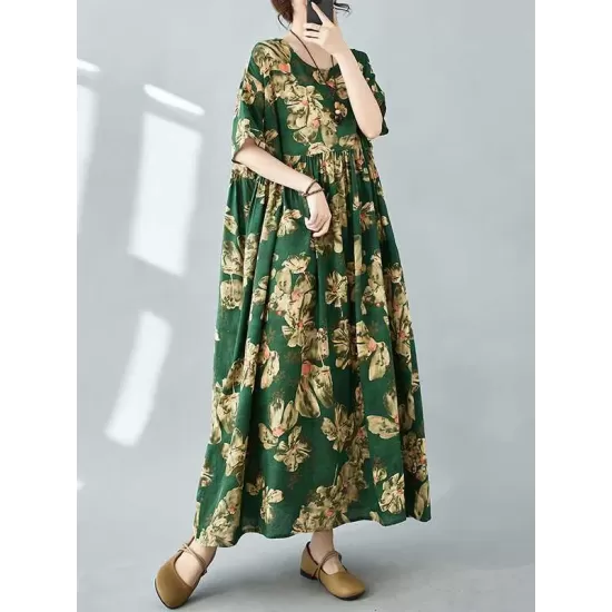 Flower Print Pleated Pockets Half Sleeves Loose Round-neck Midi Dresses Flower Print Pleated Pockets Half Sleeves Loose Round-neck Midi Dresses