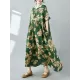 Flower Print Pleated Pockets Half Sleeves Loose Round-neck Midi Dresses Flower Print Pleated Pockets Half Sleeves Loose Round-neck Midi Dresses