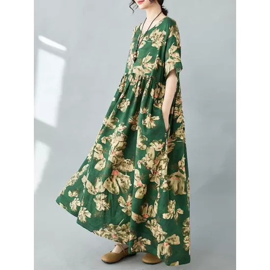 Flower Print Pleated Pockets Half Sleeves Loose Round-neck Midi Dresses Flower Print Pleated Pockets Half Sleeves Loose Round-neck Midi Dresses