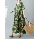 Flower Print Pleated Pockets Half Sleeves Loose Round-neck Midi Dresses Flower Print Pleated Pockets Half Sleeves Loose Round-neck Midi Dresses