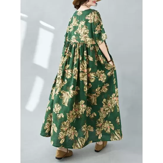 Flower Print Pleated Pockets Half Sleeves Loose Round-neck Midi Dresses Flower Print Pleated Pockets Half Sleeves Loose Round-neck Midi Dresses