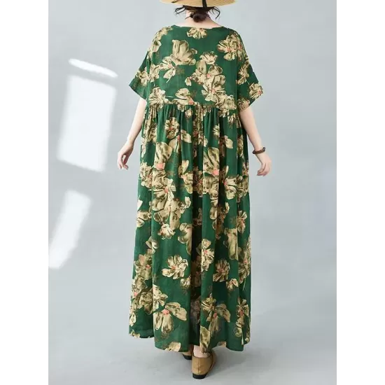 Flower Print Pleated Pockets Half Sleeves Loose Round-neck Midi Dresses Flower Print Pleated Pockets Half Sleeves Loose Round-neck Midi Dresses