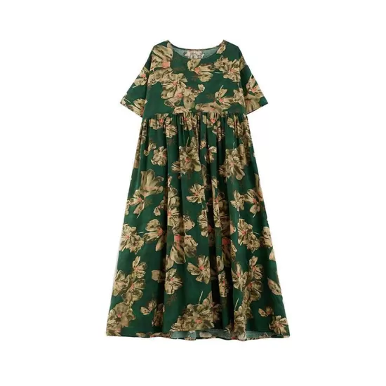 Flower Print Pleated Pockets Half Sleeves Loose Round-neck Midi Dresses Flower Print Pleated Pockets Half Sleeves Loose Round-neck Midi Dresses