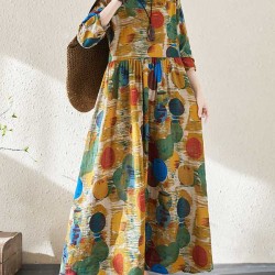 Pleated Polka-Dot Split-Joint A-Line Long Sleeves Round-Neck Maxi Dresses